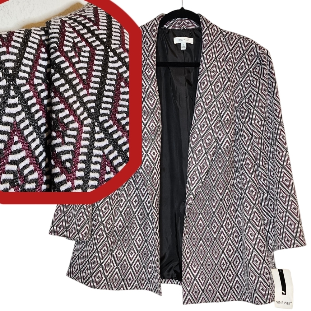 Nwt Nine West Black Burgundy Open Front Blazer Women's Plus Size 2x Pockets